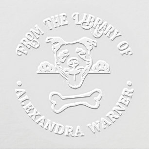 Pit Bull Terrier Dog Eying Bone Library Book Name Embosser