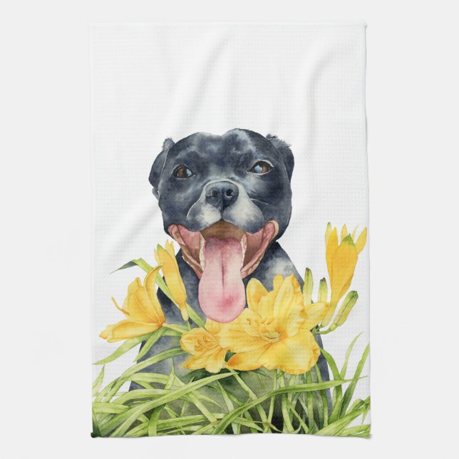 Pit Bull Terrier Dog Watercolor Kitchen Towel (Vertical)