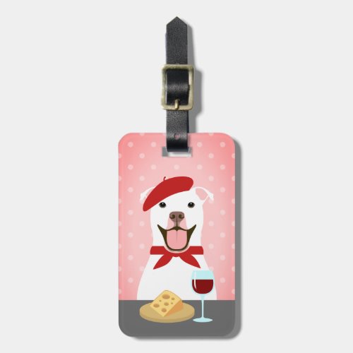Pit Bull White Drinking Wine and Eating Cheese Luggage Tag