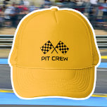 Pit Crew Custom Text Car Flags Yellow Black Trucker Hat<br><div class="desc">A custom name trucker hat for racing fans and lovers of speed! This editable template features winning checkered flags, and is personalize with a name, event, slogan, team name, pit crew or other text. A great gift for birthdays, holidays, Father's Day, Mother's Day, bachelor parties, bachelorette parties, and sports vehicle...</div>