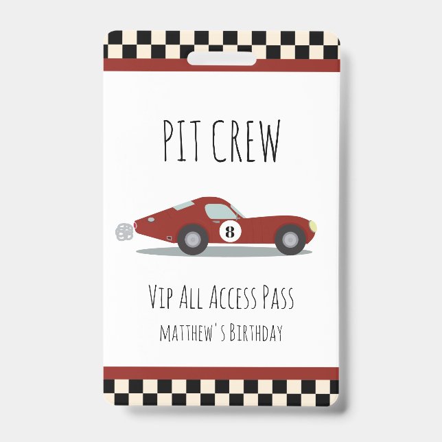 Pit crew Race Car Birthday Party Pit Crew VIP Pass Badge (Front)