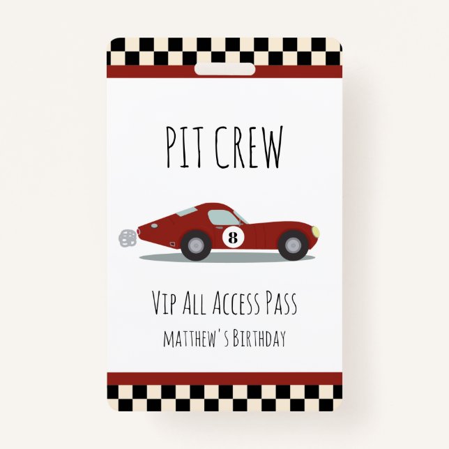 Pit crew Race Car Birthday Party Pit Crew VIP Pass Badge (Front)