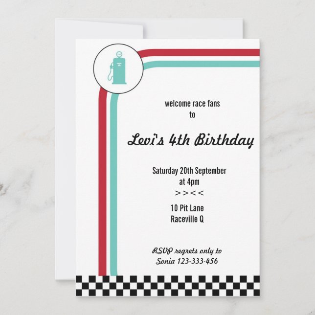 Pit Lane Racing Car Birthday Invitation (Front)