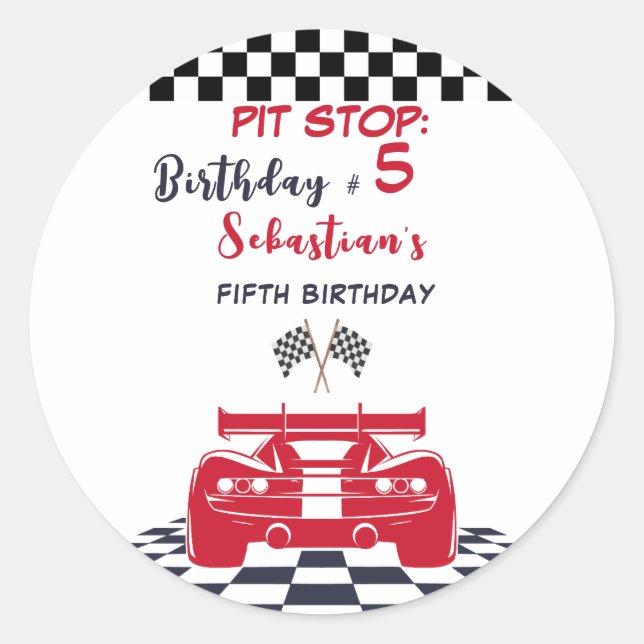 Pit stop race kids birthday classic round sticker (Front)