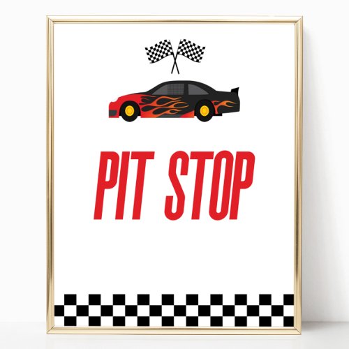 Pit Stop Red Flame Race Car Party Table Sign