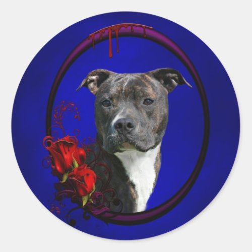 Pitbull and bloody roses classic round sticker