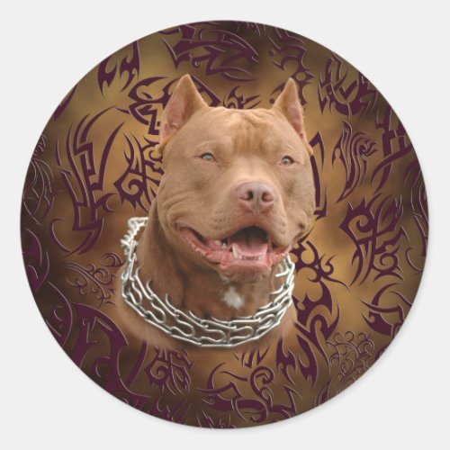 Pitbull brown tribal tattoo classic round sticker