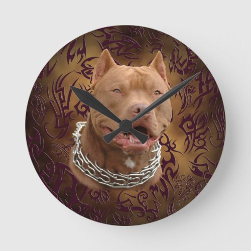 Pitbull brown tribal tattoo round clock
