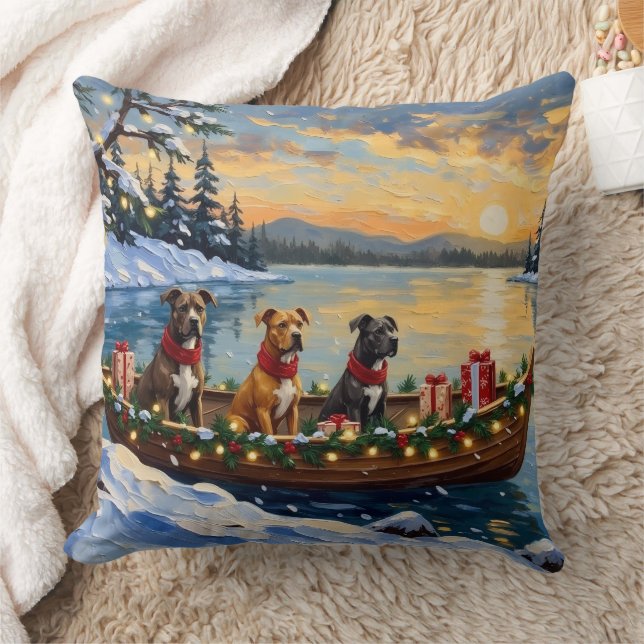 Pitbull Christmas Boat Holiday Throw Pillow (Blanket)