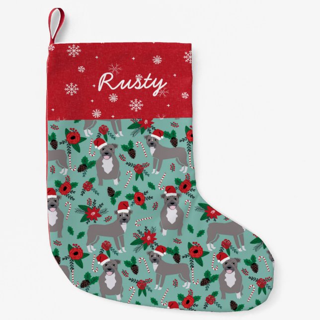 Pitbull Christmas Floral Custom Name Small Christmas Stocking (Front)