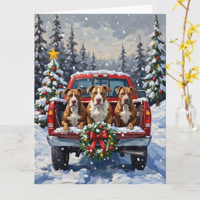 Pitbull Christmas Red Truck Holiday Card (Yellow Flower)