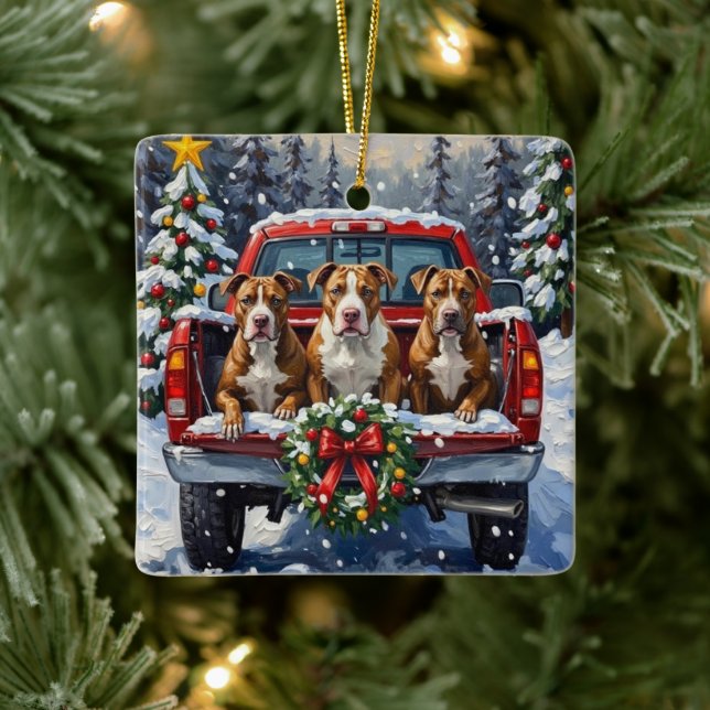 Pitbull Christmas Red Truck Holiday Ceramic Ornament (Tree)