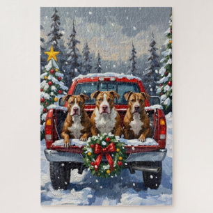 Pitbull Christmas Red Truck Holiday Jigsaw Puzzle