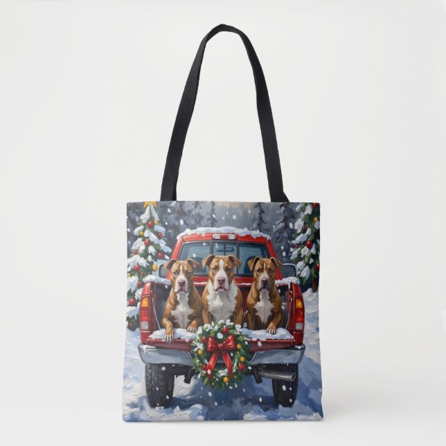 Pitbull Christmas Red Truck Holiday Tote Bag (Front)