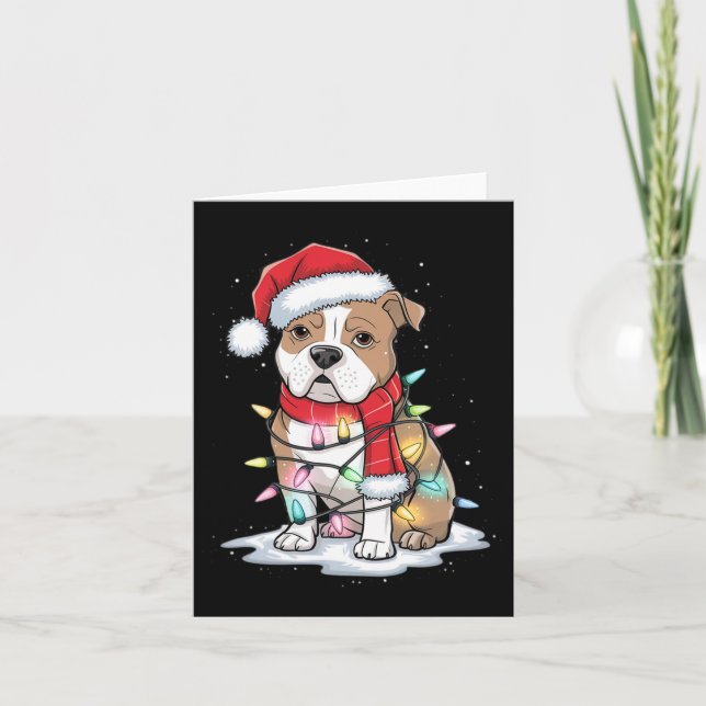 Pitbull Christmas Tree Cute Santa Hat Lights Xmas  Card (Front)