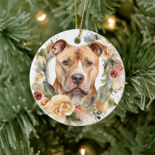 Pitbull Christmas Wreath Festive Pup Ceramic Ornament (Tree)