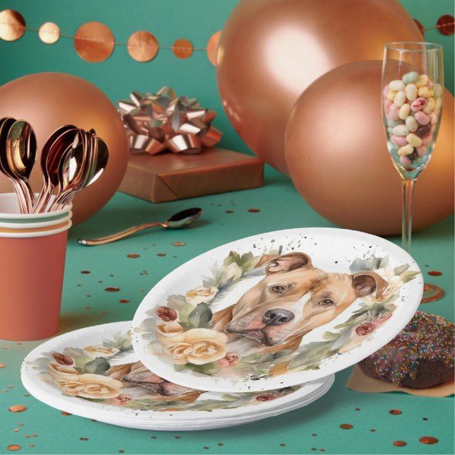 Pitbull Christmas Wreath Festive Pup Paper Plates (Multi)