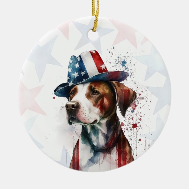Pitbull Dog, 4th of july Personalized Ceramic Ornament (Front)