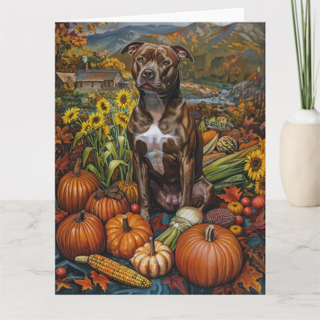 Pitbull Dog Autumn Harvest Thanksgiving Card (Front)
