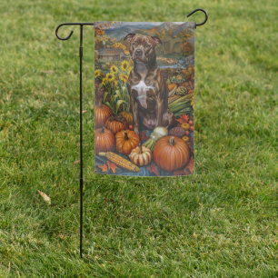 Pitbull Dog Autumn Harvest Thanksgiving Garden Flag