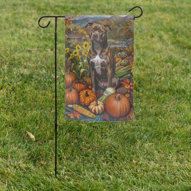 Pitbull Dog Autumn Harvest Thanksgiving Garden Flag (In SItu)