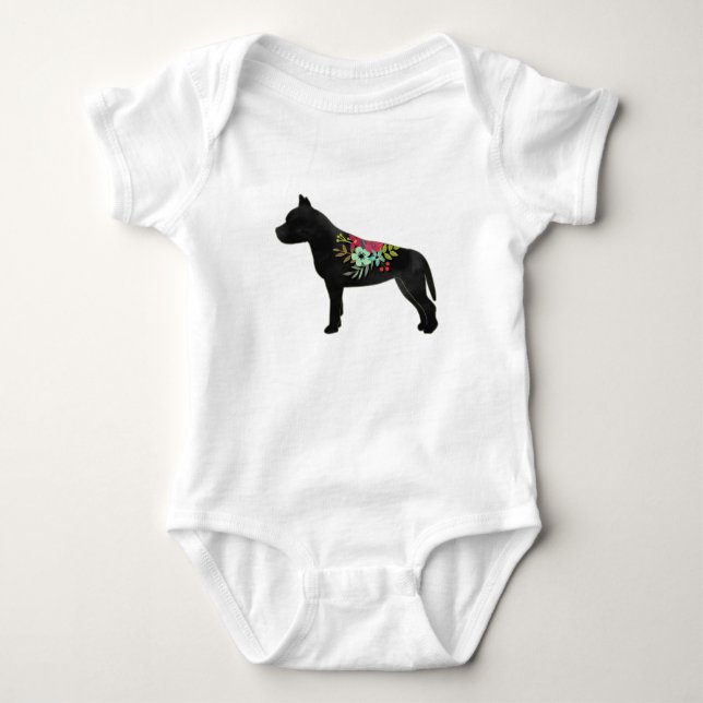 Pitbull Dog Breed Boho Floral Silhouette Baby Bodysuit (Front)