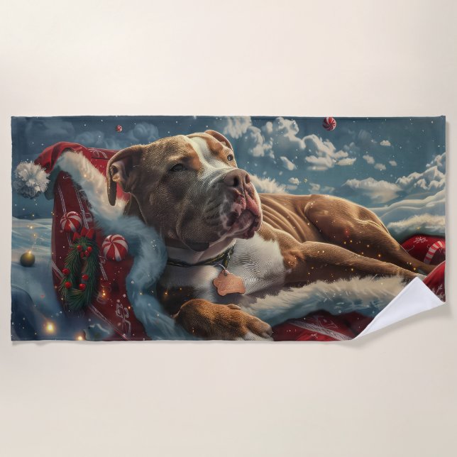 Pitbull Dog Christmas Festive Beach Towel (Front)