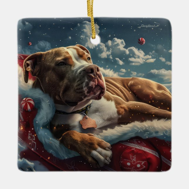 Pitbull Dog Christmas Festive Ceramic Ornament (Front)