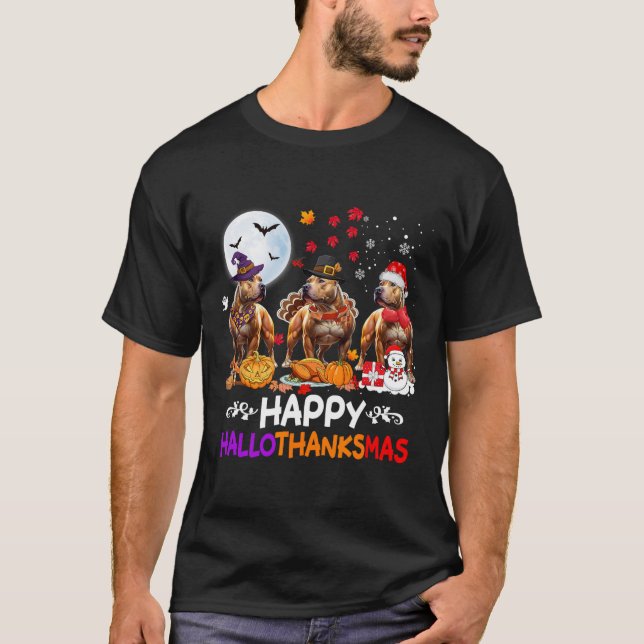 Pitbull Dog Christmas Happy Hallothankmas Thanksgi T-Shirt (Front)