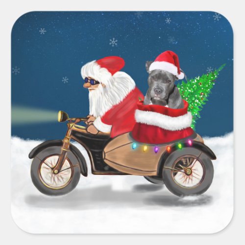 Pitbull Dog Christmas Santa Claus Square Sticker