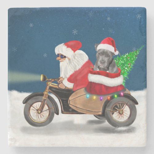 Pitbull Dog Christmas Santa Claus  Stone Coaster