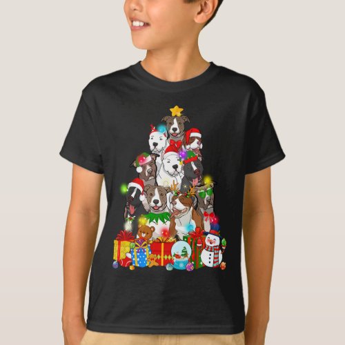 Pitbull Dog Christmas Tree Lights Funny Dog Lovert T_Shirt