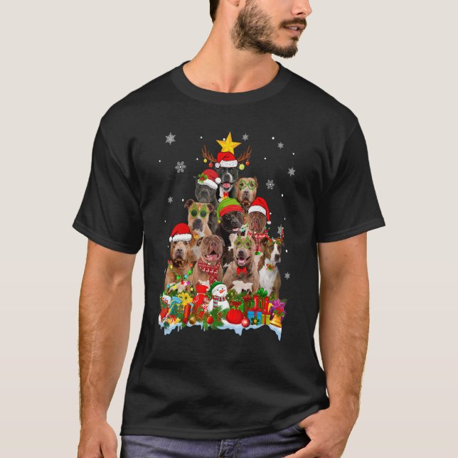 Pitbull Dog Christmas Tree Lights Xmas Santa Hat T-Shirt (Front)