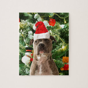 Pitbull Dog Christmas Tree Ornaments Snowman Jigsaw Puzzle