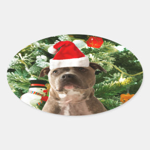 Pitbull Dog Christmas Tree Ornaments Snowman Oval Sticker