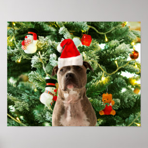 Pitbull Dog Christmas Tree Ornaments Snowman Poster