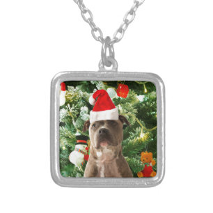 Pitbull Dog Christmas Tree Ornaments Snowman Silver Plated Necklace