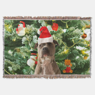 Pitbull Dog Christmas Tree Ornaments Snowman Throw Blanket