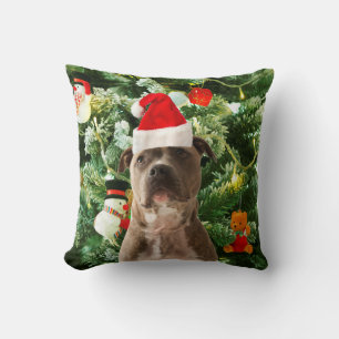 Pitbull Dog Christmas Tree Ornaments Snowman Throw Pillow