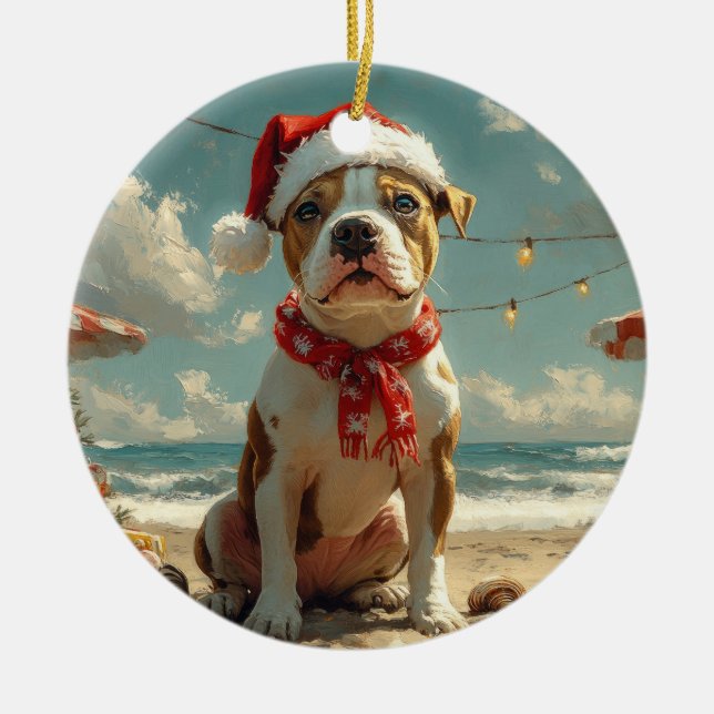Pitbull Dog Christmas Vintage Beach  Ceramic Ornament (Front)