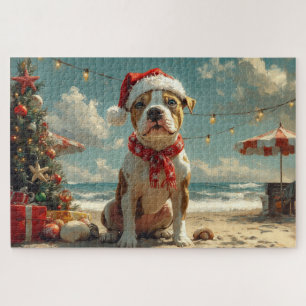 Pitbull Dog Christmas Vintage Beach Jigsaw Puzzle