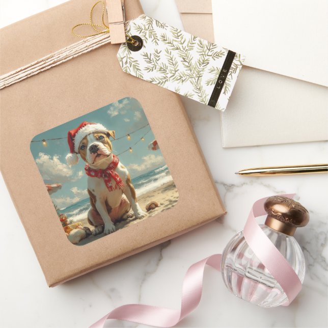 Pitbull Dog Christmas Vintage Beach  Square Sticker (Gifting)