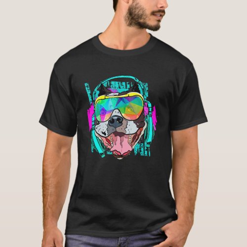 Pitbull Dog Color Vintage Headphones Glass T_Shirt