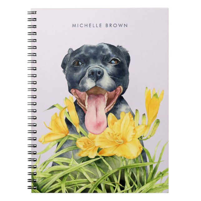 Pitbull Dog Flower Garden Watercolor | Add Name Notebook (Front)