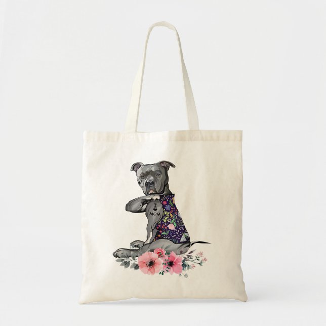 Pitbull Dog Flower PitBull I Love Mom Pitbull Tatt Tote Bag (Front)