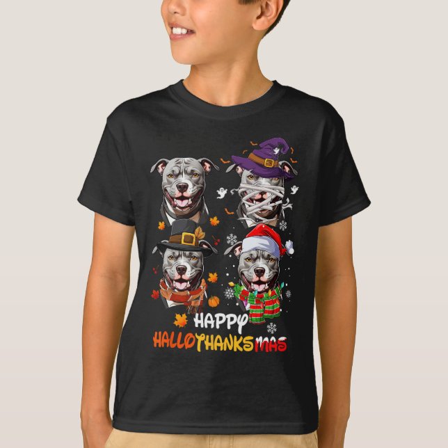 Pitbull Dog Hallothanksmas Halloween Thanksgiving  T-Shirt (Front)