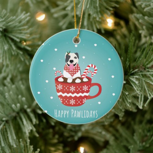 Pitbull Dog Happy Pawlidays  Ceramic Ornament