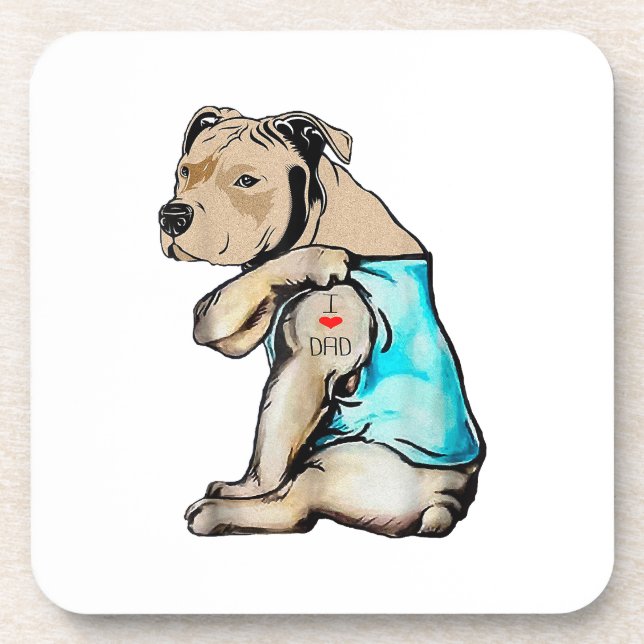 Pitbull Dog I Love Dad Tattoo Funny Family Beverage Coaster (Front)