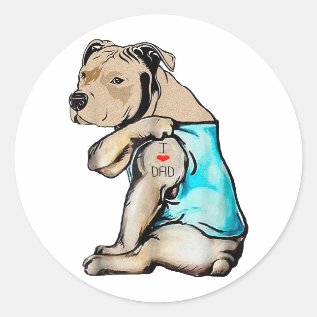 Pitbull Dog I Love Dad Tattoo Funny Family Classic Round Sticker (Front)