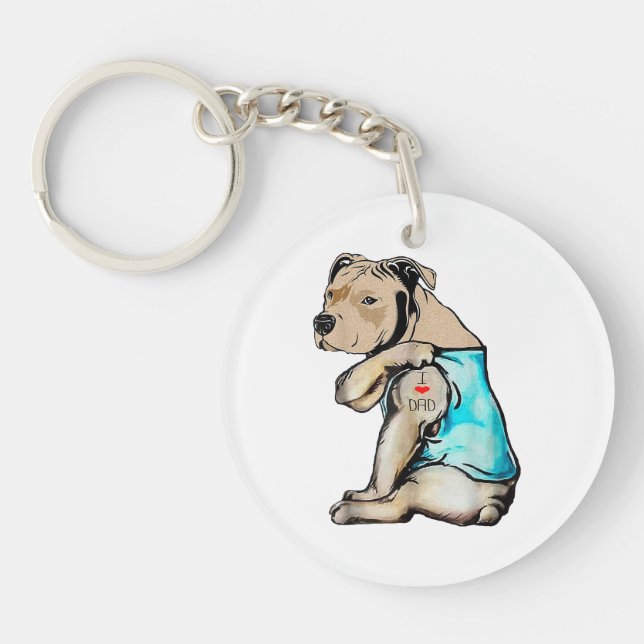 Pitbull Dog I Love Dad Tattoo Funny Family Keychain (Front)